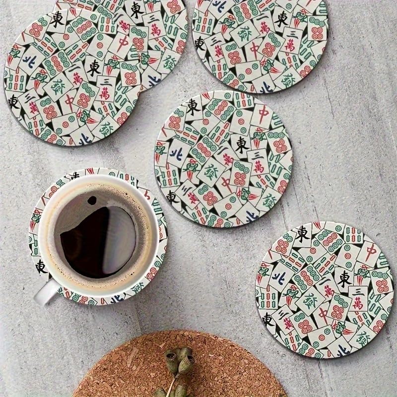 Image of Set of 6 Wooden Coasters with a Mahjong Theme - 4 Inches in Diameter, Featuring a Red and Black Design with Chinese Characters and Flowers, Perfect for Hot and Cold Beverages
