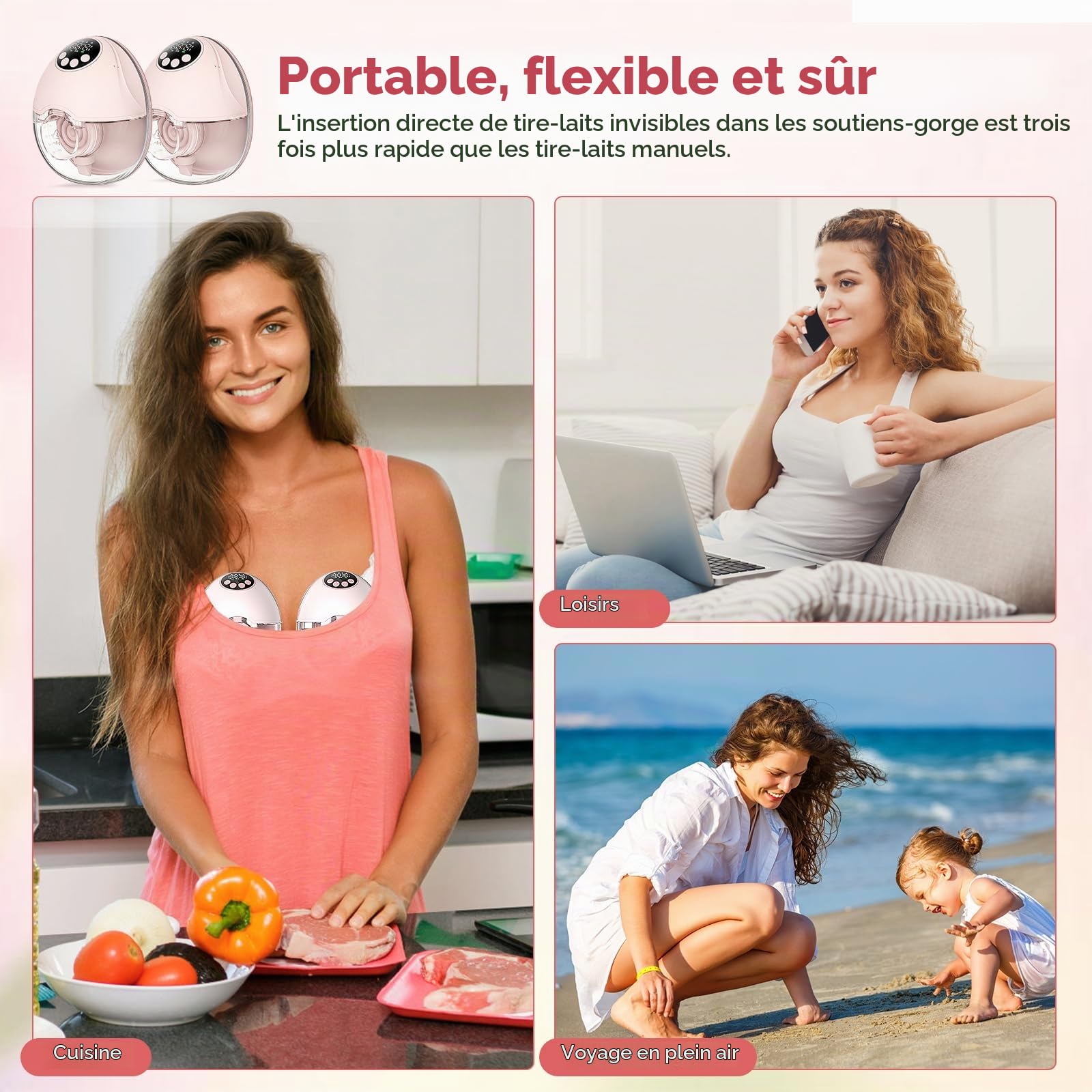 Tire-Lait Électrique Main Libre, 4 Modes 12 Niveaux, Silencieux ≤50dB, Portable avec Tétons 19/21/24 mm, Design Intégré, Accessoires Inclus