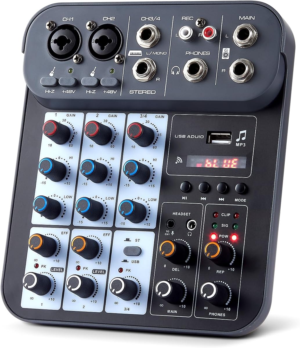 Mezclador de audio para DJ de 4 canales, mezcladores para DJ, tablero de sonido, tablero mezclador de sonido, interfaz XLR de 1/4", entrada de computadora BT USB MP3, alimentación fantasma de 48 V, estéreo, Karaoke, DJ, estudio, transmisión, escenario KTV