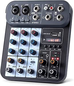 4 Channel DJ Audio Mixer, DJ Mixers Sound Board, Sound Mixer Board XLR 1/4" Interface, BT USB MP3 Computer Input 48V Phantom Power Stereo Karaoke DJ Studio Streaming KTV Stage
