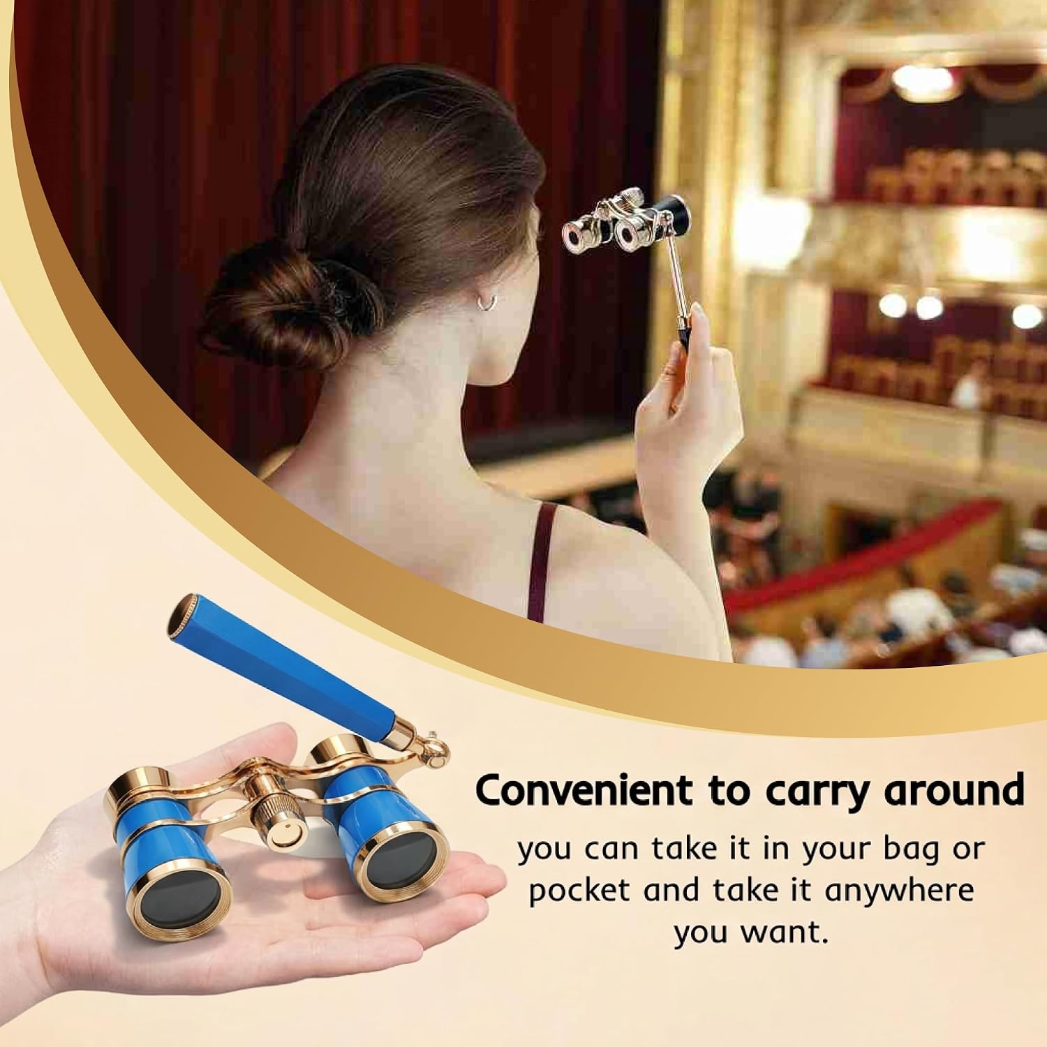 Opera Glasses Binoculars,3X25 Theater Binoculars with Foldable Handle for Adults Kids Women,Small Portable Opera Glasses for Theater and Concert Viewing (Blue with Handle)