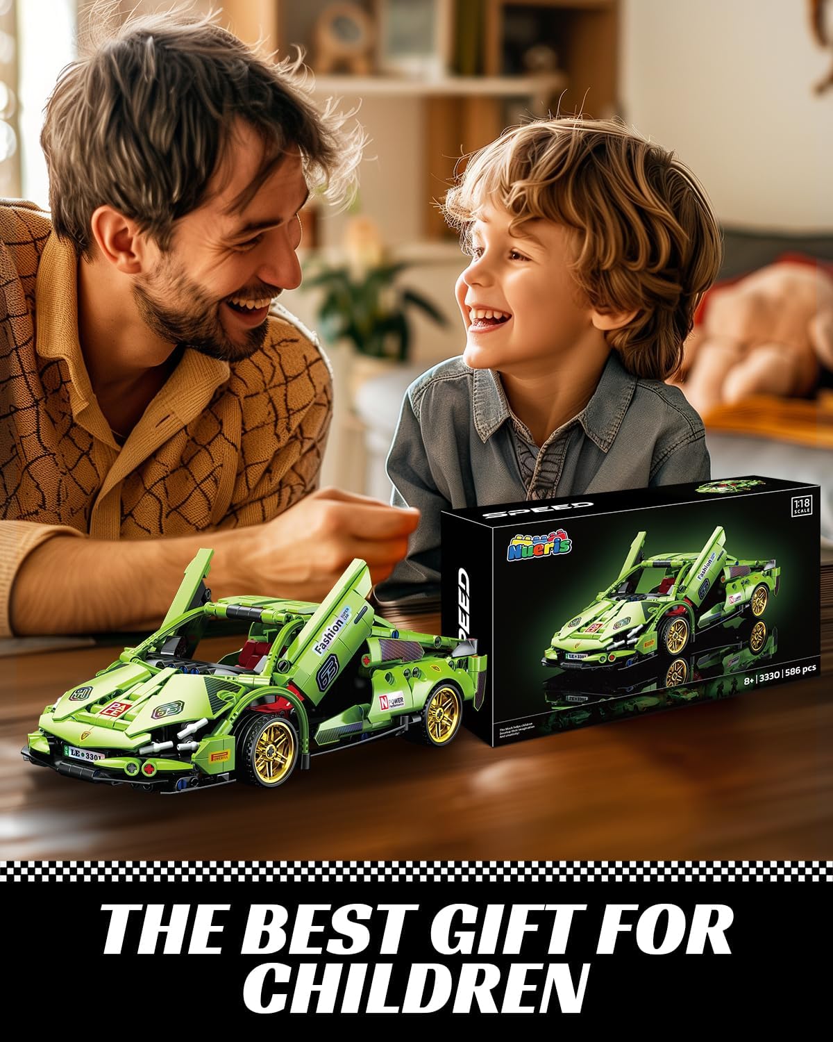 Nueris 1:18 Technic Super Sports Cars Model Sets - 586 PCS Green MOC Building Block Car Raceing Engineering Toys - Gift Idea for Adults Boys Girls for Play and Display Collection