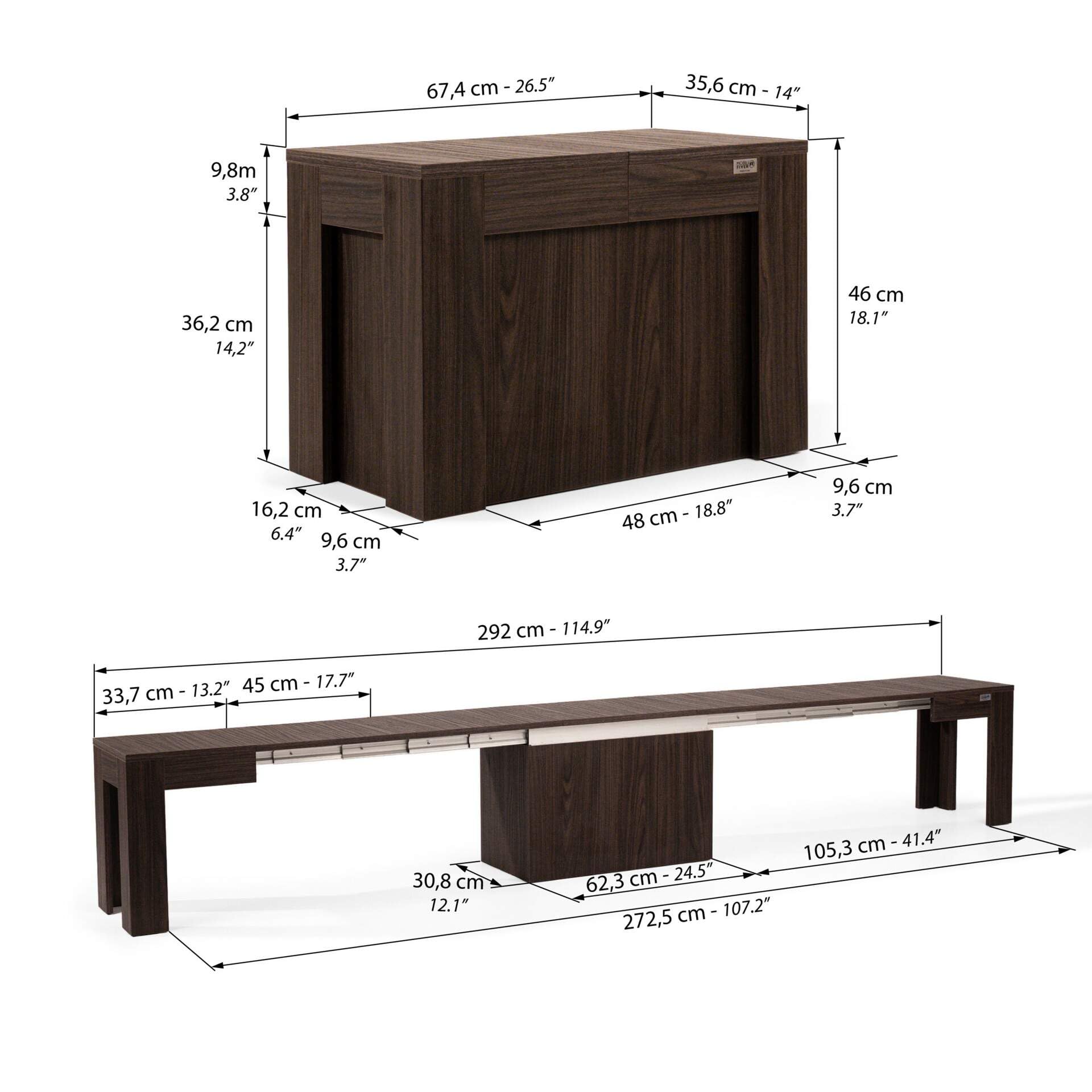 MOBILI FIVER, Ausziehbare Bank X 67,5(292) x35,6 cm, Nussbaum Dunkel