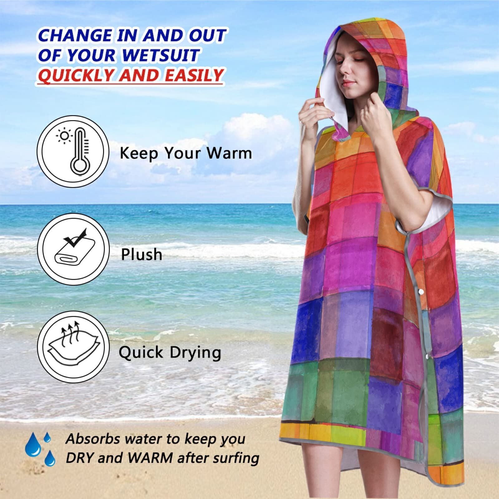 Poncho de surf à carreaux avec capuche et poche - Séchage rapide - En microfibre - Pour le bain, la plage, l'extérieur