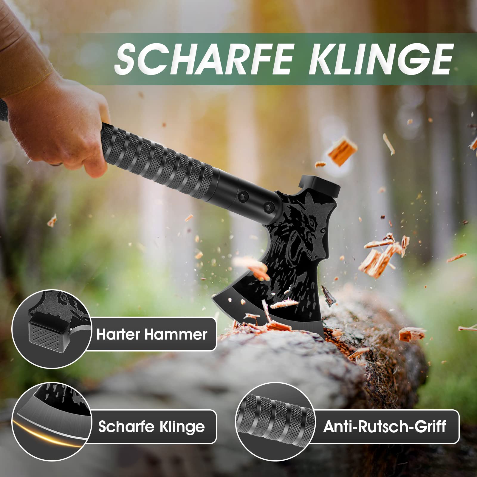 Japaknives Survival Axt 10 in 1, Spaltaxt für Holz, Schärfe Camping Beil, Multitool Campingäxte mit Outdoor Messer und Kompass，Handbeil mit Geschenkbox Schwarze äxte Set für Camping, Jagd, Garten