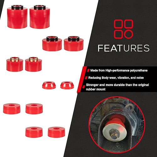 Miniatura 3 de Kit de bujes de montaje en cuerpo rojo mejorado compatible con Ford F150 F250 F350 2WD 4WD 1980-1998, soportes de cabina de poliuretano resistente,