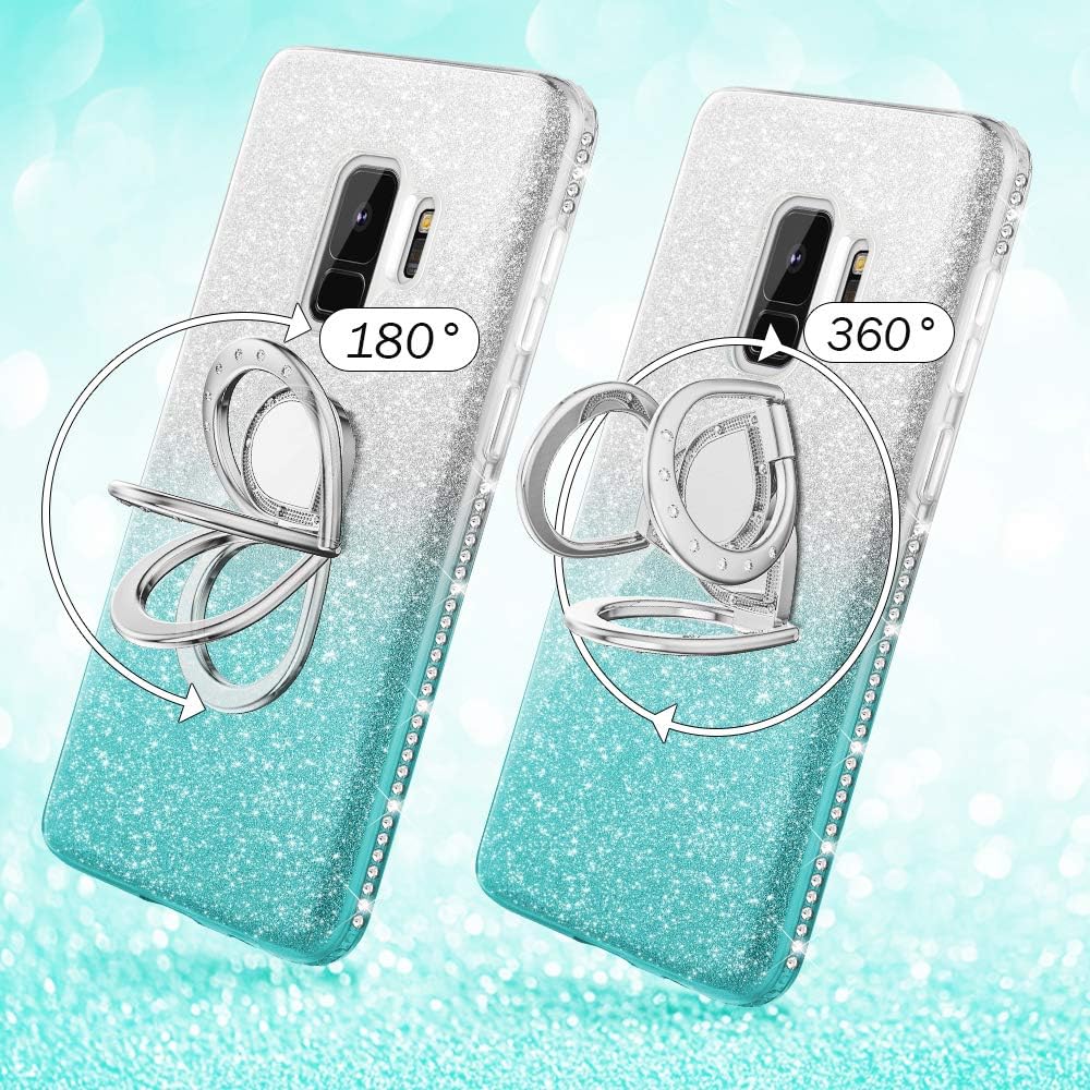 Maxdara Case for Galaxy S9 Glitter Case Ring Grip Holder Gradient Kickstand Series Bling Sparkle Diamond Rhinestone Bumper Luxury Pretty Fashion Girls Women Case Galaxy S9(Silver Teal)