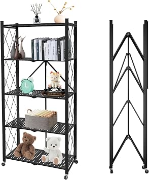 5 Tier Folding Shelf with Wheels,Metal Steel Collapsible Shelves | No Assembly Portable Shelves Organizer Rack,Rolling Standing Utility Rack for Kitchen, Pantry, Office, Black