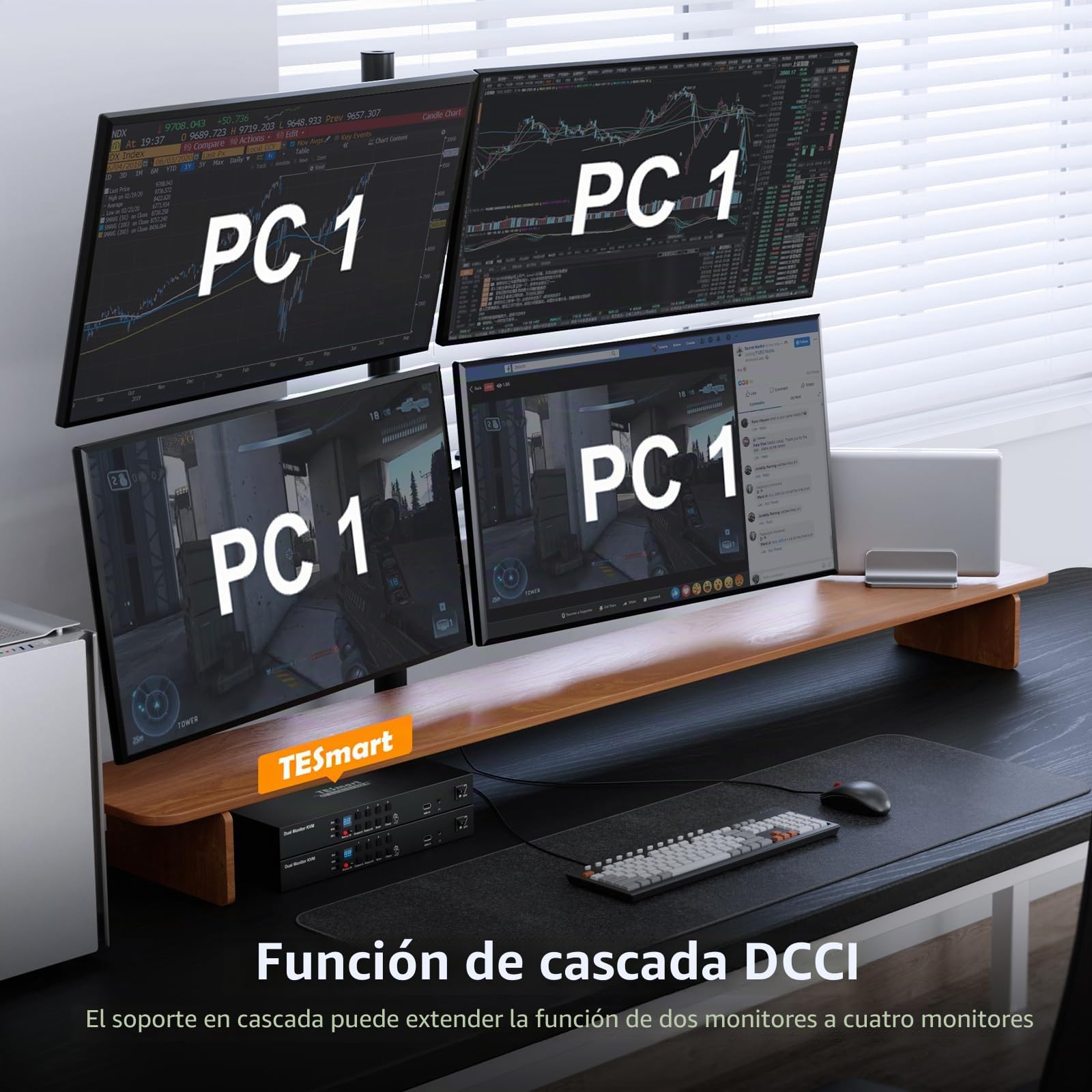 TESmart DisplayPort KVM Switch 4 Computadora 2 Monitor, 4x2 Conmutador KVM 4K@60Hz 4:4:4,DCCI Cuatro Pantallas,EDID,Control Remoto/Botones Panel/Teclado/Ratón/RS232,USB 2.0,Audio L/R,8 DP 1.4 Cables