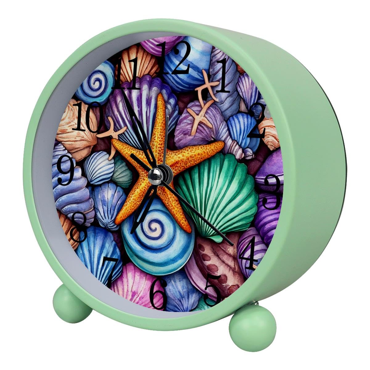 Luoweisi Alarm Clock Seashells Starfish, Silent Non-Ticking with Night Light, Round Metal Alarm Clock for Office, Battery Operated, Bedroom, Elderly, Adults, Children, Student Gifts