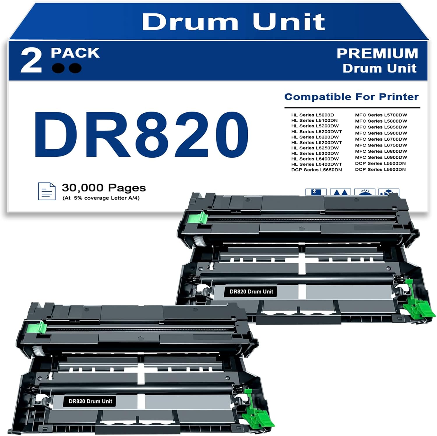 DR820 DR 820 Drum Unit Compatible for Brother TN850 TN-850 DR-820 DR820 | Replacement for MFC-L5900DW HL-L6200DW HL-L5200DW HL-L6200DW HL-L5100DN Printer ,2-Pack(Not Toner Cartridge)