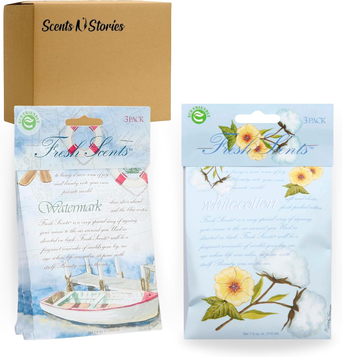 White Cotton & Sea Spray Scented Sachet Packet 6 Pack Fresh (3 Pack of Each) with Scent N Stories Box, Long-Lasting Freshness for Home, Closets, Drawers, Cars & Gifts