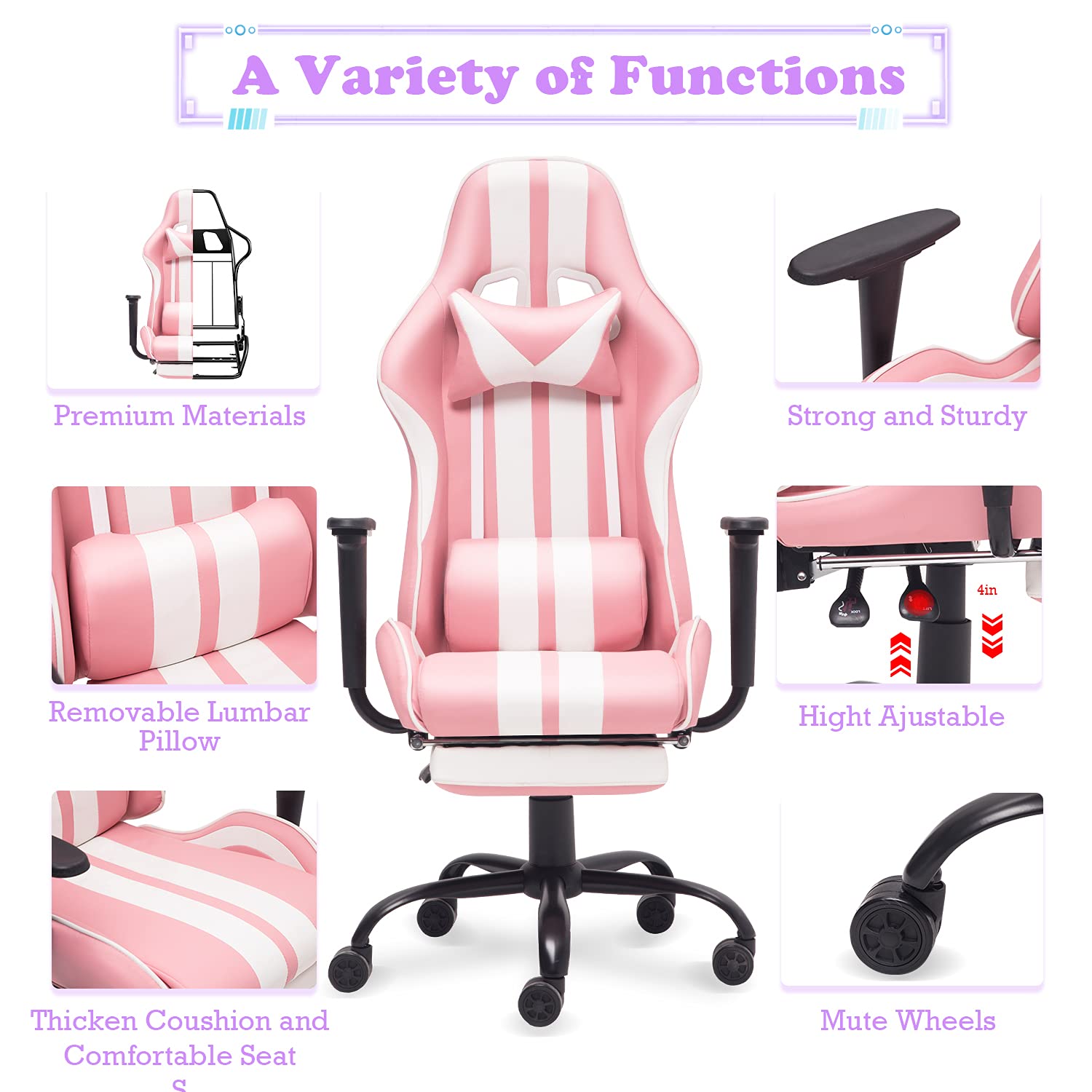 Ferghana Pink Gaming Chair with Footrest,Computer Game Chair,Massage Gaming Chairs,PC Gaming Chairs for Adults Teens for Gaming Live Streaming Room(Shero Pink)