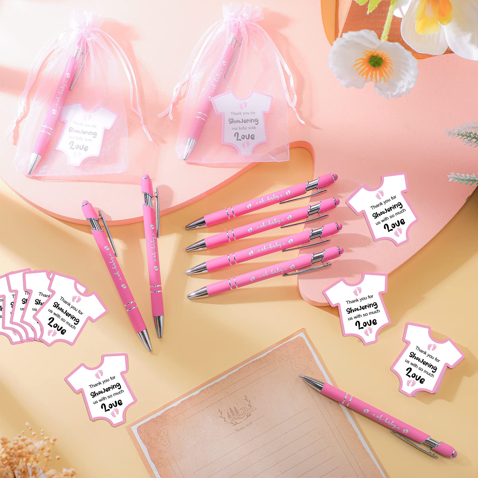 Colarr 108 szt. upominków na baby shower dla gości, zawiera 36 rysików do baby shower, 36 szt. kart dla dziewczynki, 36 szt. torebek z organzy, na baby shower, ujawnienie płci, prezenty dla gości