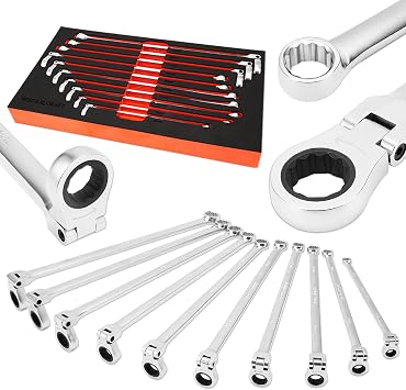 PRIDE&CRAFT 10-Piece Extra Long Ratcheting Wrench Set Metric | Flex Head Double Box End 8-19mm 2X Longer Wrenches, Chrome Vanadium Steel with 90-Tooth Ratchet for Automotive Repair