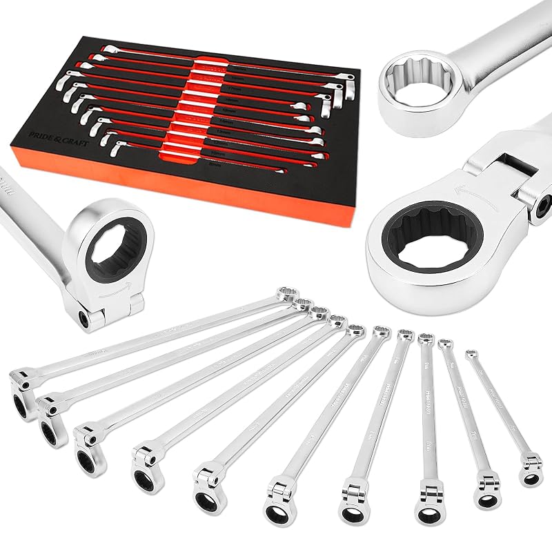 Kit de Chaves Estrela com Catraca PRIDE&CRAFT, Extra Longas, Cabeça Flexível e Encaixe Duplo 8–19 mm, 10 Peças