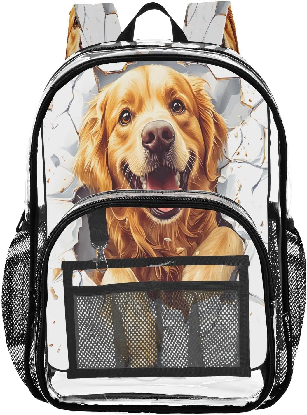 Golden Retriever Puppy Dog White Clear Backpack Heavy Duty See Through Transparent PVC BookBag for Kids Boy Girl Adult School Work