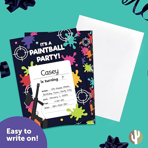 Miniatura 6 de Desert Cactus Paintball - Invitaciones de feliz cumpleaños estilo 2 tarjetas de invitación (10 unidades) con sobres para niños y niñas (10 unidades)