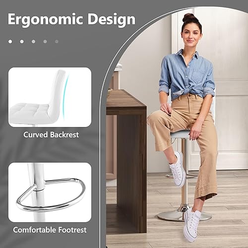 Miniatura 5 de Giantex Juego de 1 taburetes de bar, modernos taburetes de bar de piel sintética con respaldo, reposapiés, base de metal, taburetes giratorios de