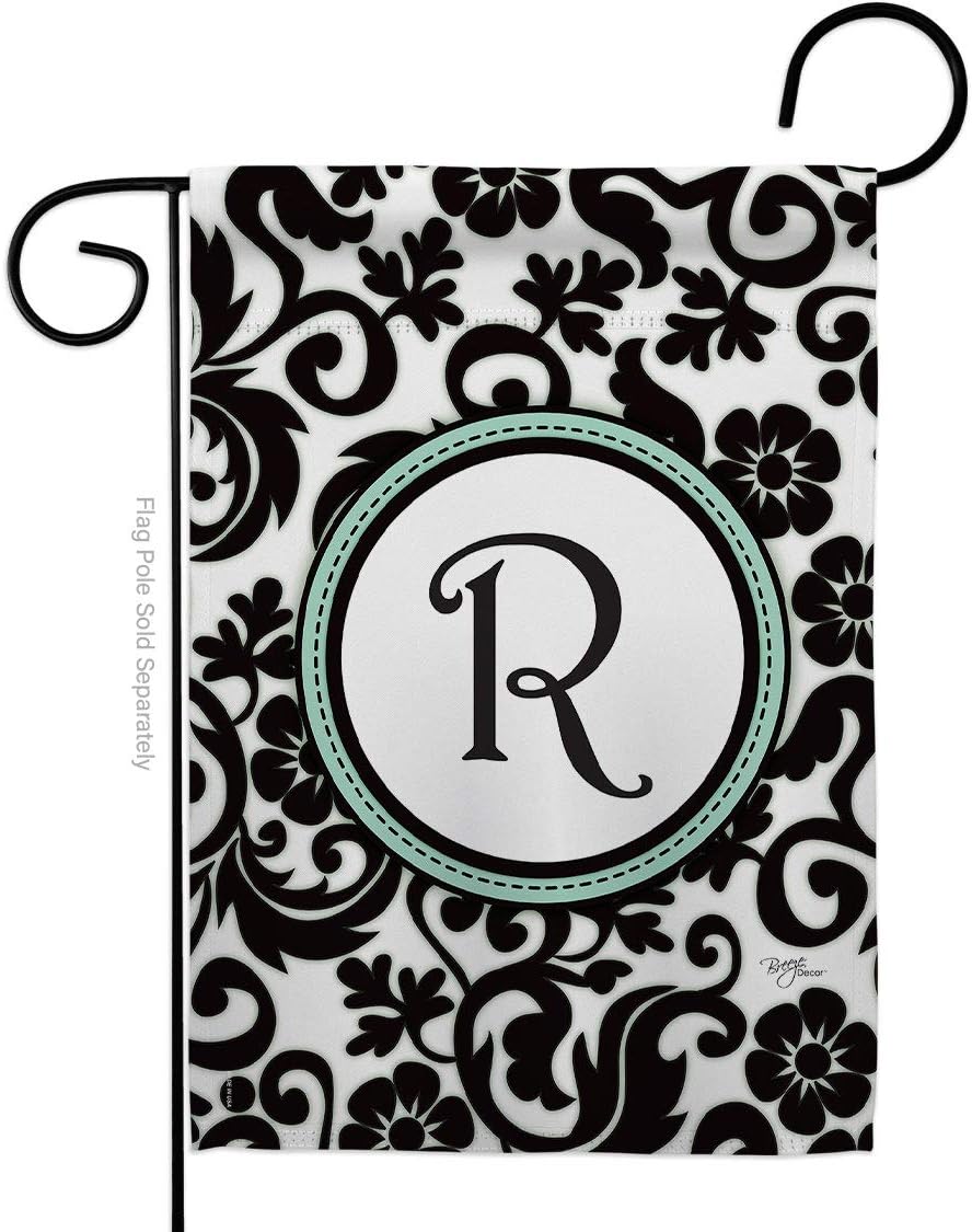 Damask R Initial Garden Flag Set Wall Holder Monogram Country Living Simply Beauty Floral Vintage Letter Everday Classic Small Decorative Gift Yard House Banner Made In USA 13 X 18.5