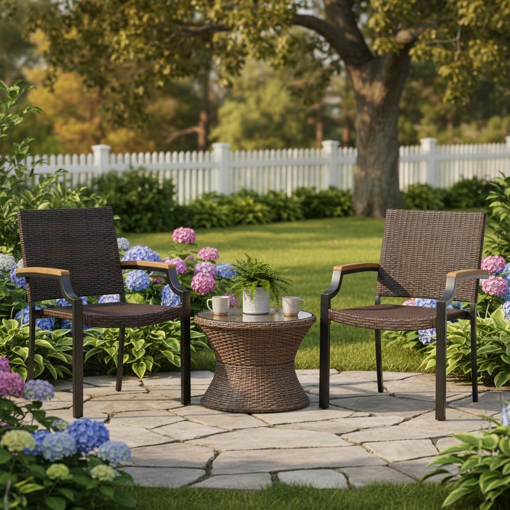 Tangkula Stackable Patio Wicker Dining Chairs Set of 4, Outdoor Rattan Chairs with Acacia Wood Armrests & Metal Frame, 400 lbs Max Load, Space-Saving Outside Chairs for Backyard, Porch, Deck & Garden
