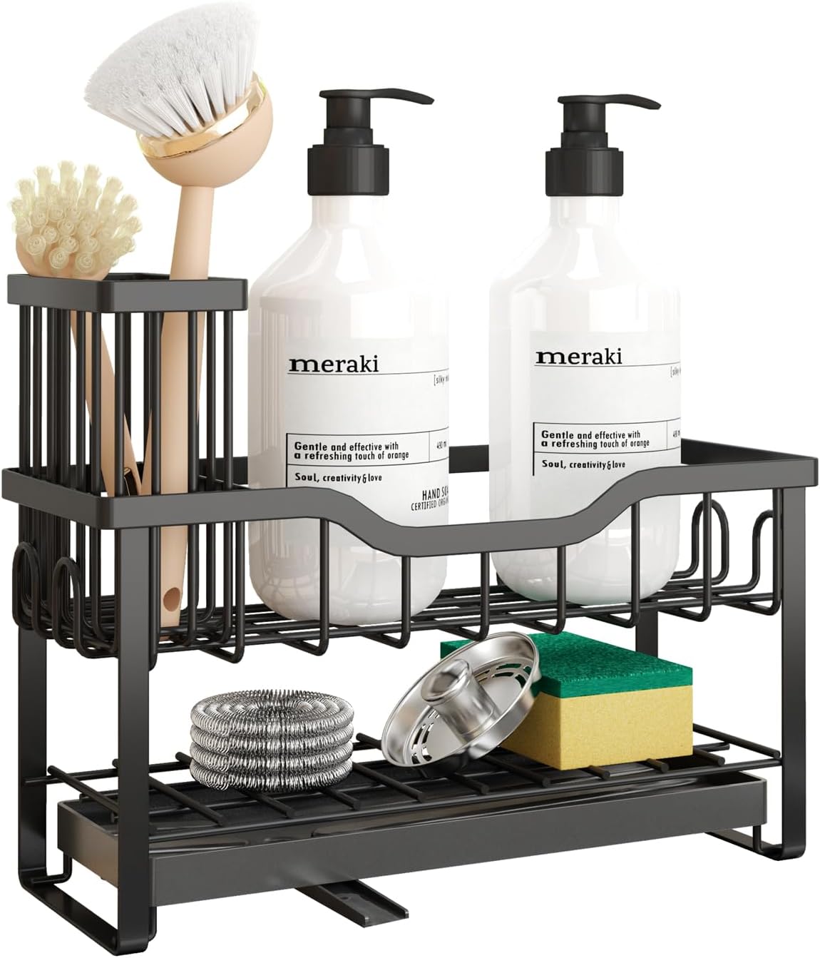 2-Tier Sponge Holder for Kitchen Sink, Caddy Organizer with High Brush Holder, Durable & Rustproof Kitchen Sink Accessories (Black)