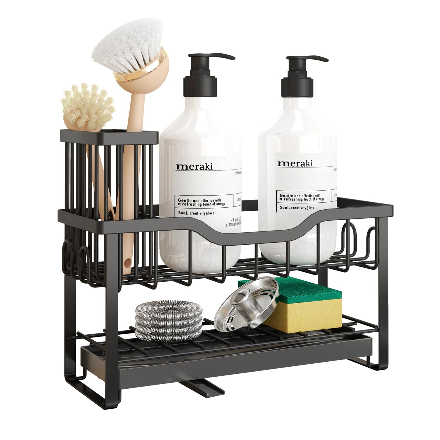 2-Tier Sponge Holder for Kitchen Sink Caddy Organizer with High Brush Holder Durable Rustproof Kitchen Sink Accessories Black