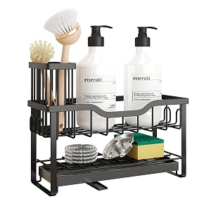2-Tier Sponge Holder for Kitchen Sink Caddy Organizer with High Brush Holder Durable Rustproof Kitchen Sink Accessories Black