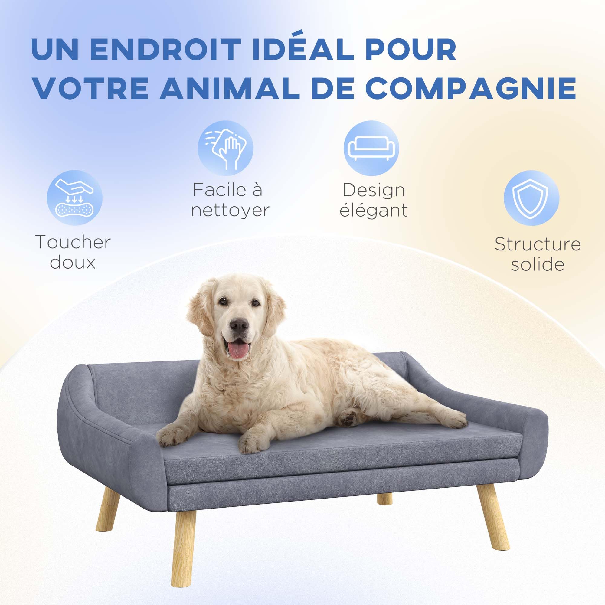 PawHut Canapé pour Chien Chat Design scandinave Coussin Moelleux Amovible Tissu Aspect Velours Pieds Bois Massif 102L x 58,5P x 42,5H cm, Gris