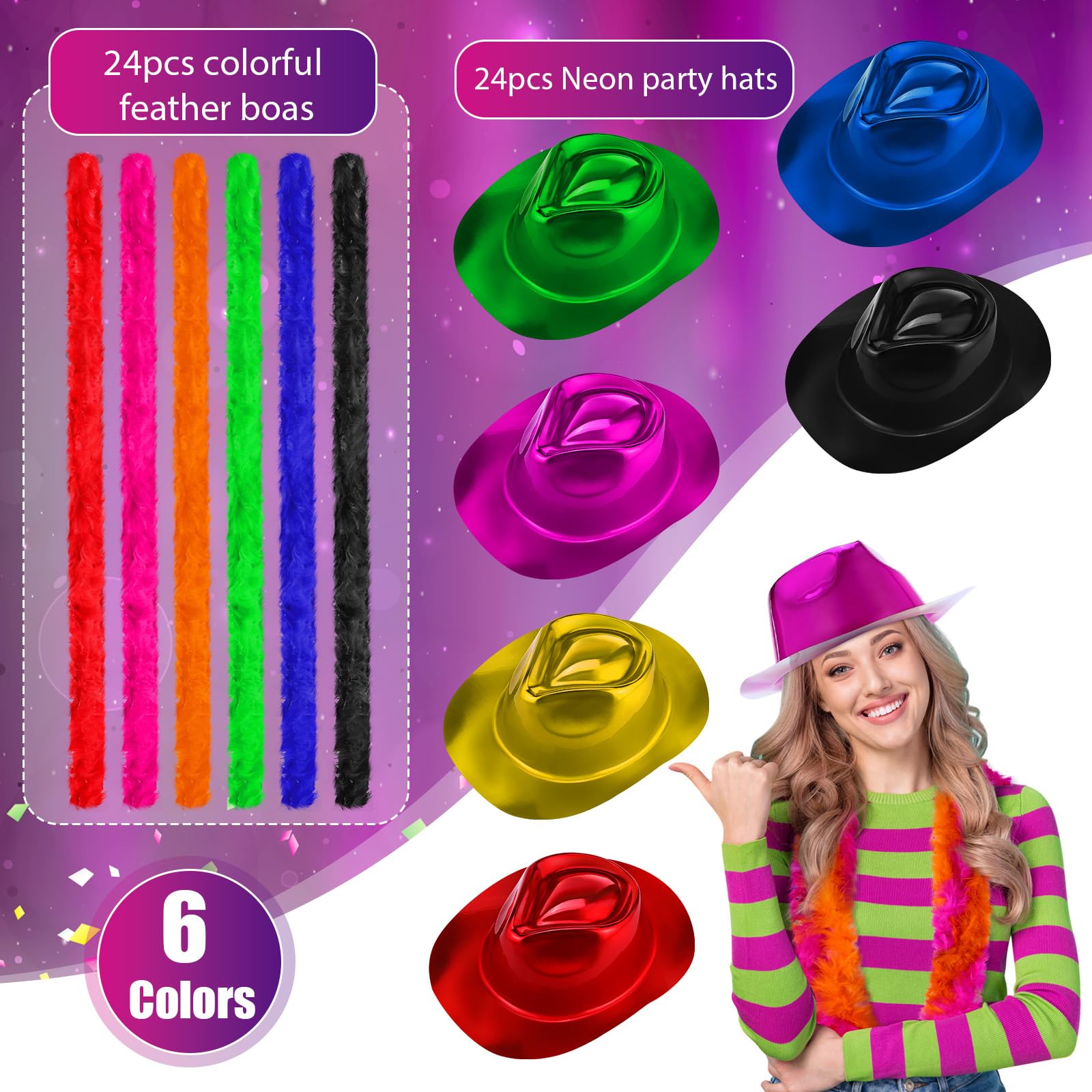 48 piezas de suministros de fiesta de neón, 24 sombreros de fiesta de gángsters, 24 boas de plumas coloridas, sombrero de neón de plástico metálico para carnaval