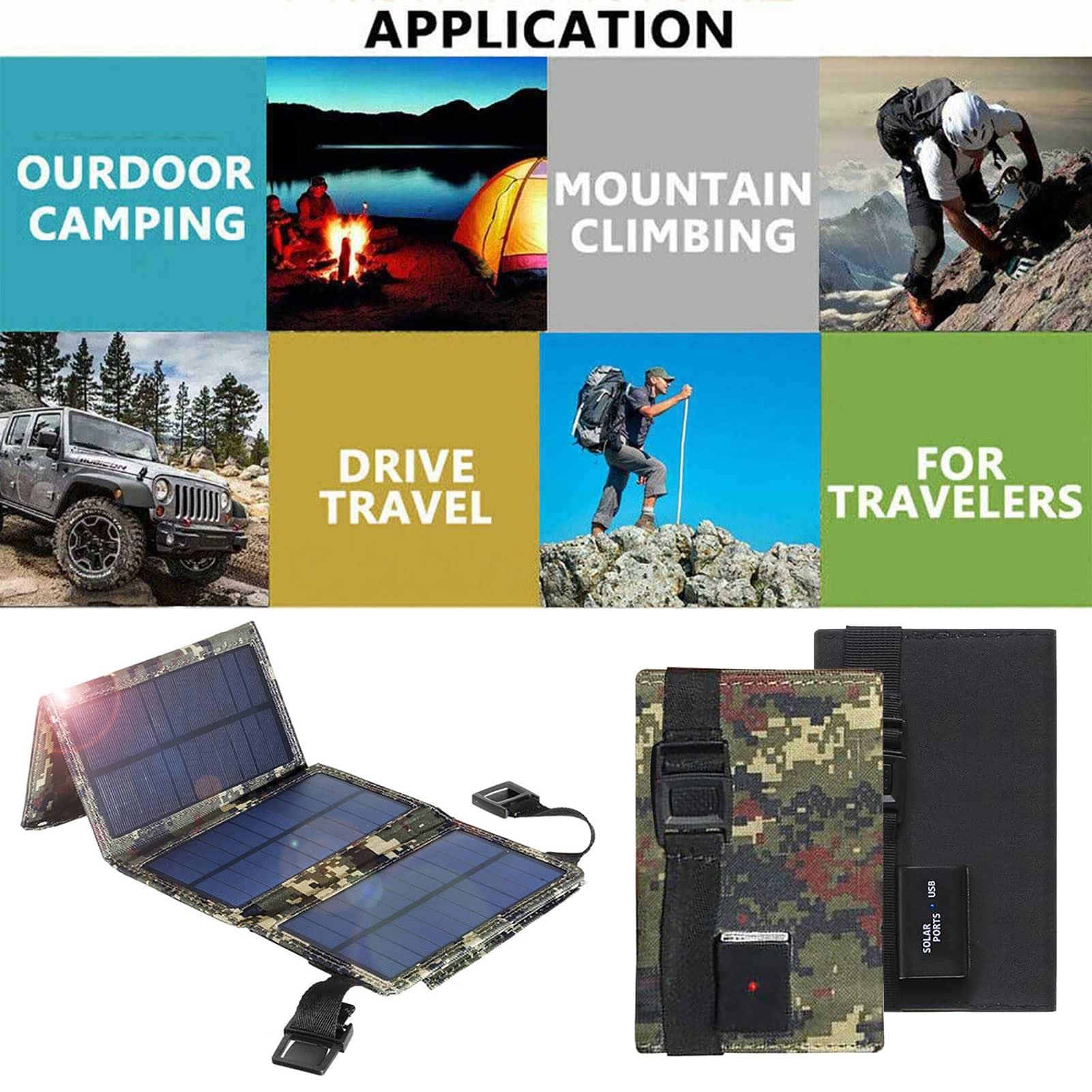 Chargeur de panneau solaire portable 20 W, panneau solaire imperméable et pliable pour camping, randonnée, sac à dos - Camouflage
