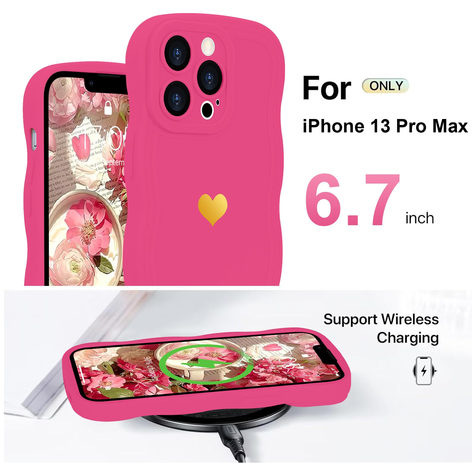 LAPOPNUT for iPhone 13 Pro Max Case,Cute Curly Wave Frame Love Heart Phone Case for Girls Women,Soft Silicone TPU Bumper Shockproof Camera Protective Cover for iPhone 13 Pro Max 6.7 inch,Hot Pink - Image 4