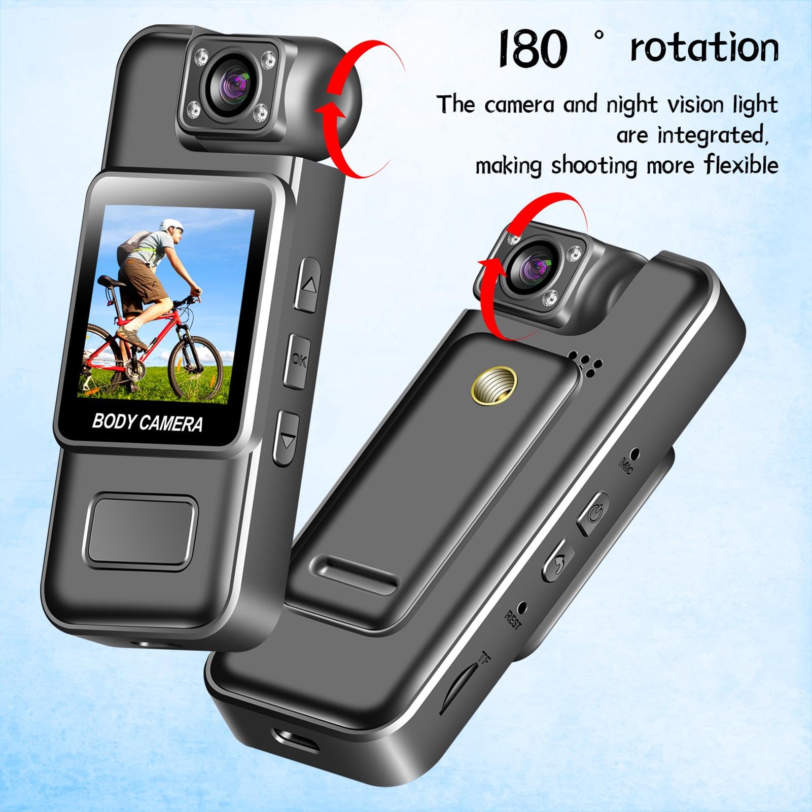 Sxhlseller Fotocamera per il CORPO CON Registrazione Audio e Video, Azione Indossabile COMPAGGIO CORPO CON 180 Gradi e Lenti Rotabili, Video Video per Esterni per Esterni Portatili per la