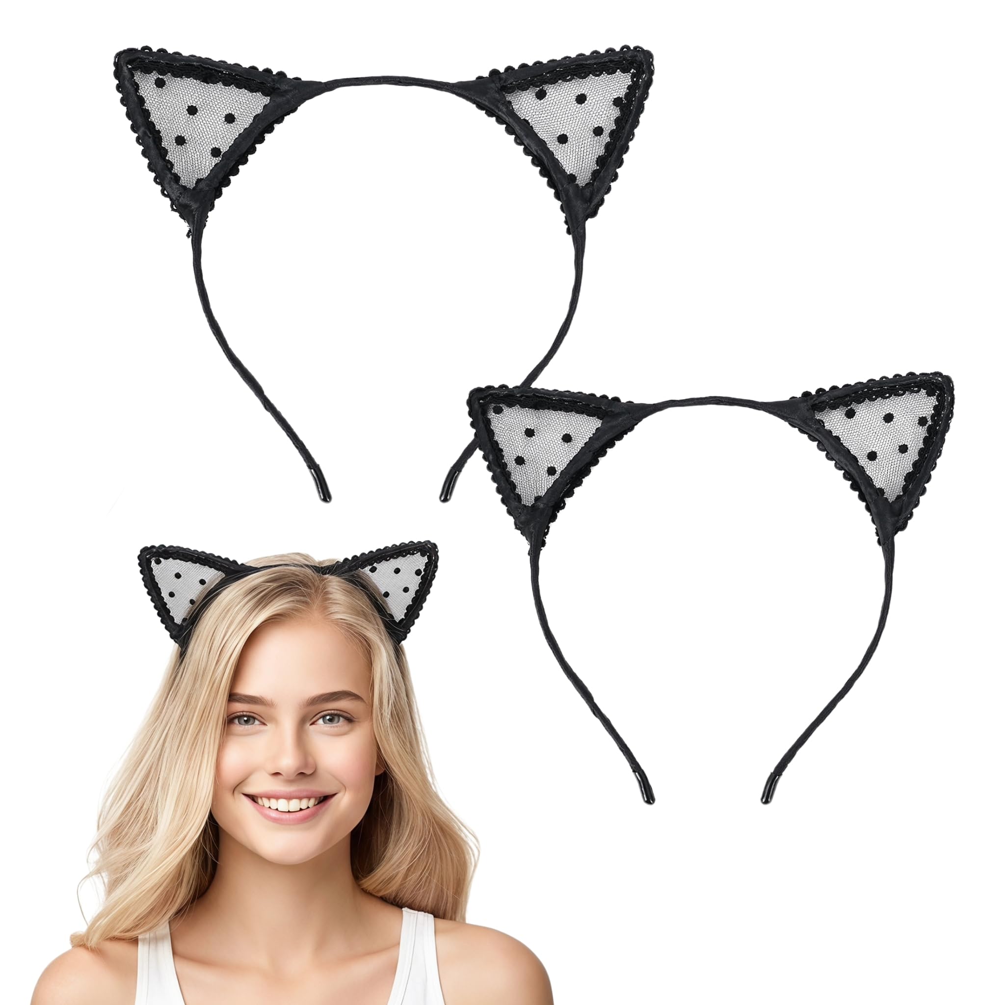 Yizzen 2 Pcs Cat Ears, Black Cat Headband - Cute Hair Accessory for Women Girls Costume Mask Skincare Spa Yoga Cosplay Halloween Parties (plain)