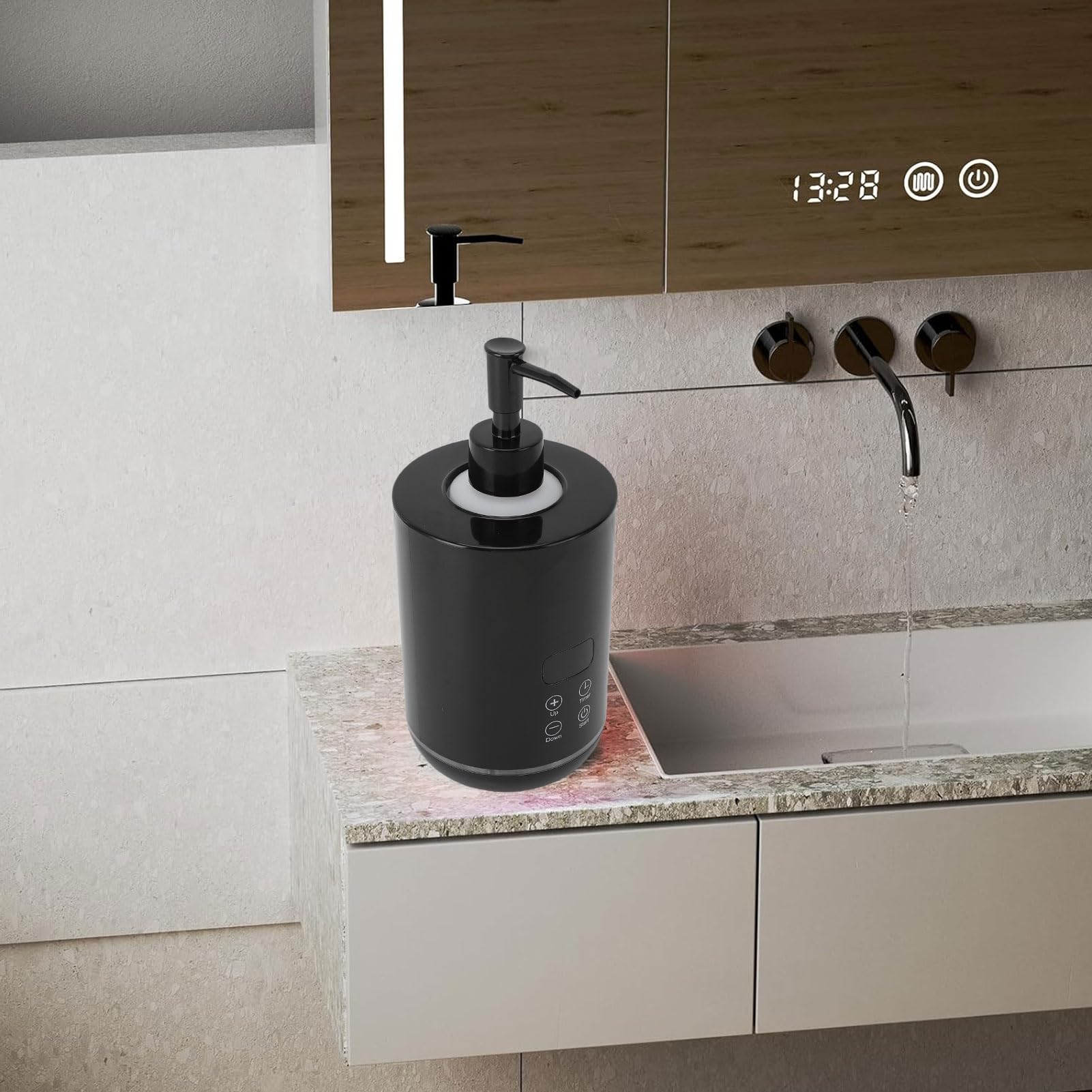 Calentador de Aceite de Masaje con Temperatura Ajustable, Pantalla de Control Táctil y Luz Ambiental, Dispensador de Aceite de Loción Corporal de Doble Botella (Enchufe de la UE)