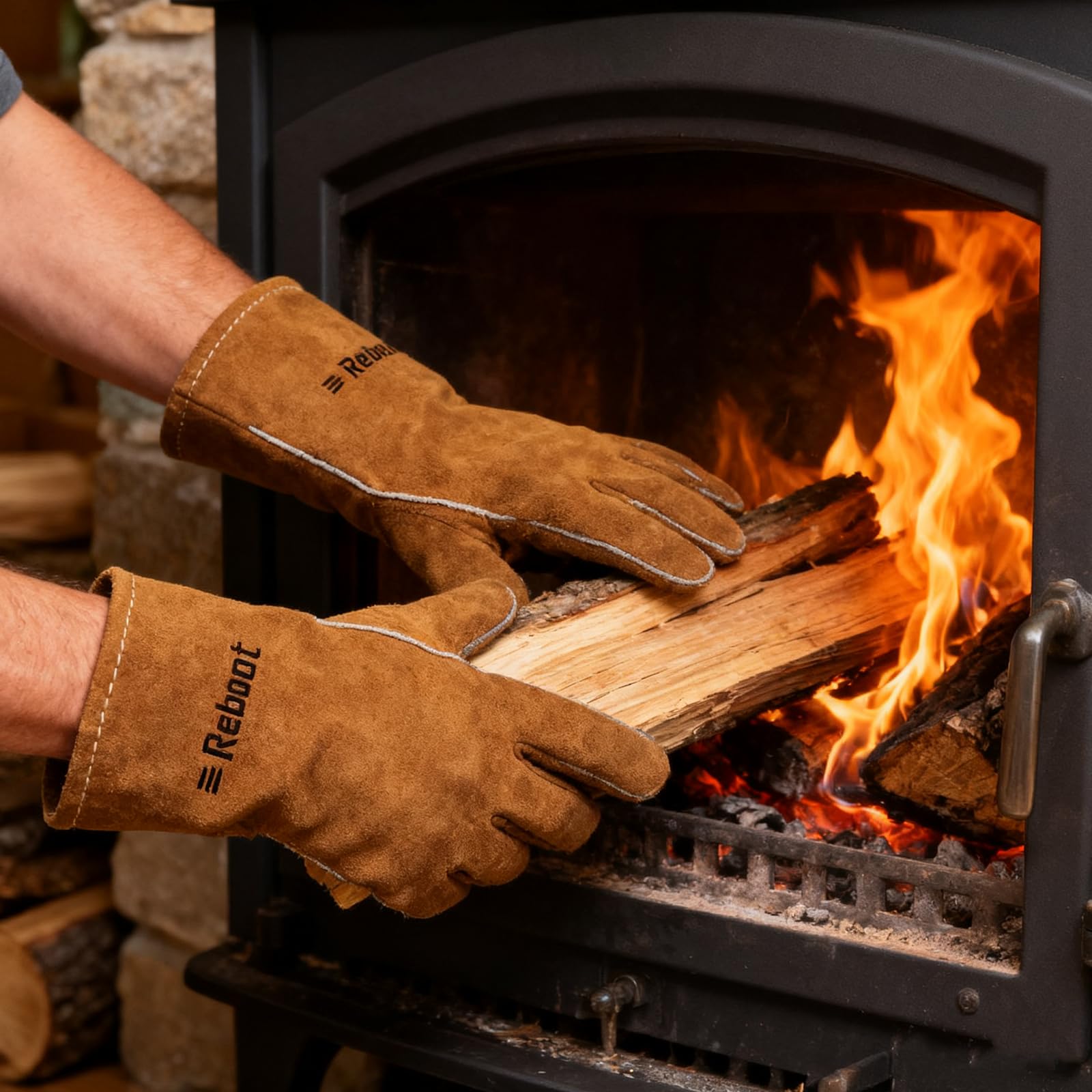 Reboot Gants de Soudage Résistants à la Chaleur Anti-Feu - Pour Brûleurs à Bois, Cuir Fendu de Vache, Gréeur, Barbecue, Four à Bois - 16"