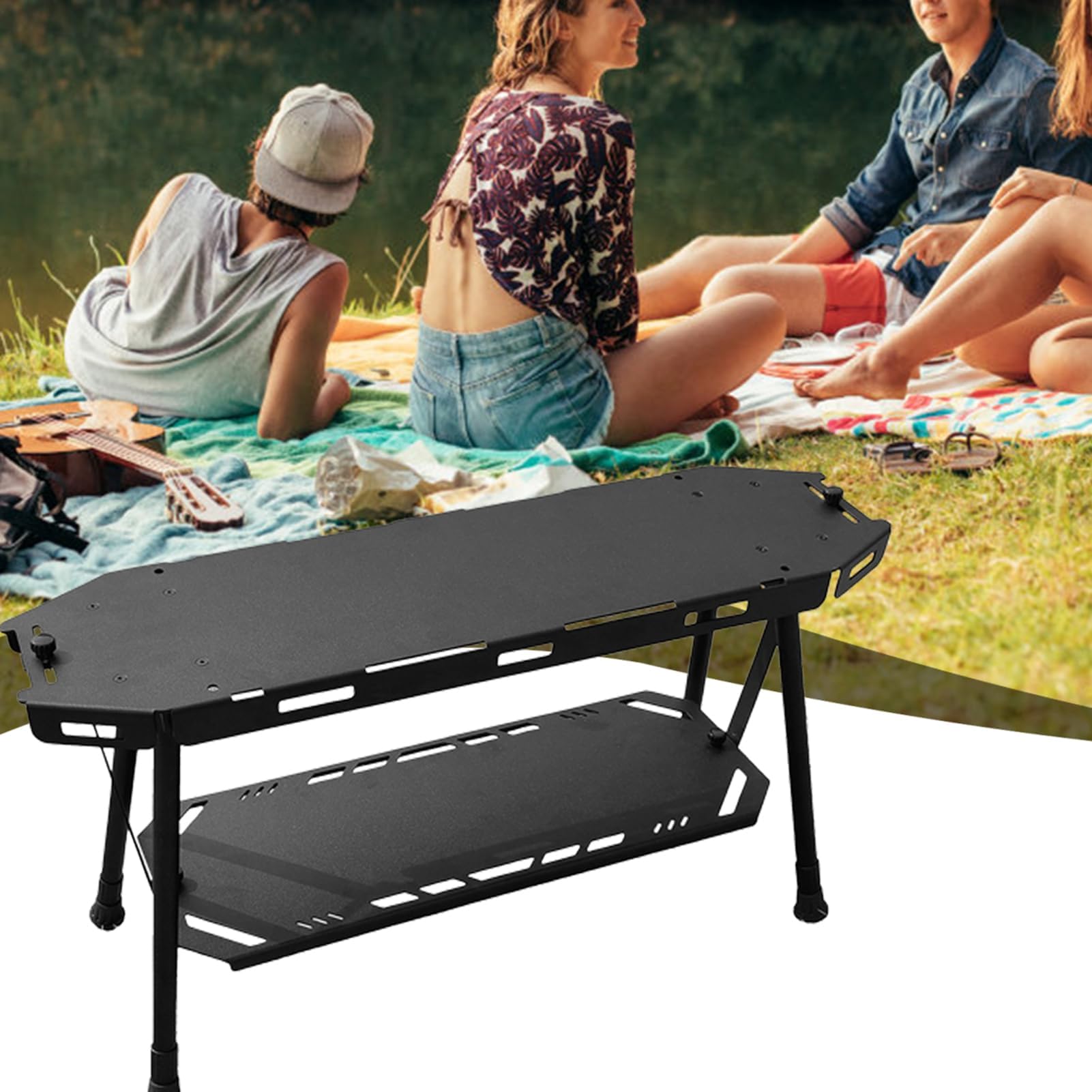 Tavolo da campeggio portatile, in alluminio leggero, con scaffalatura portaoggetti sottile e pieghevole, per uso esterno, barbecue, picnic e casa