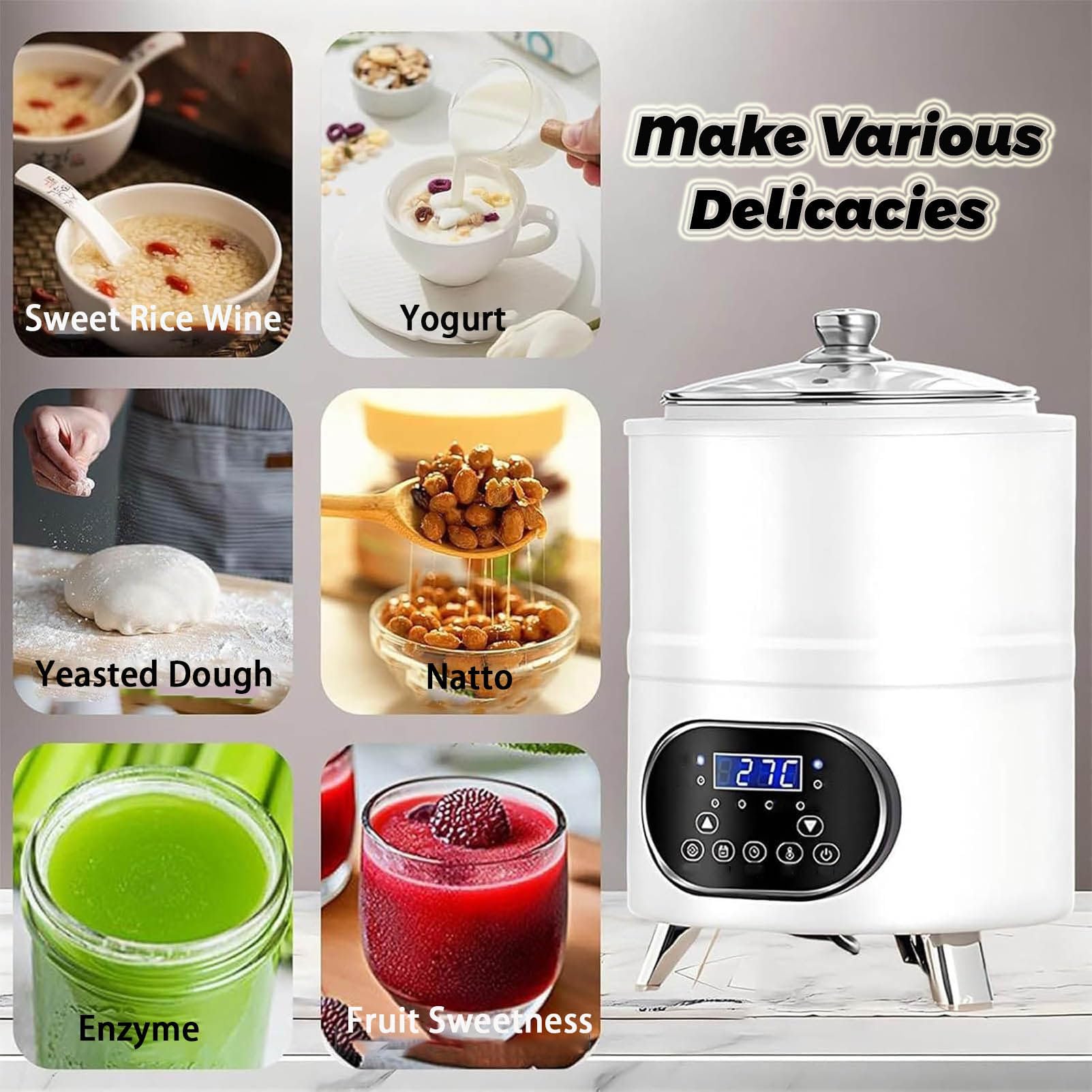 Yogurtera, Multifuncional Máquina de Yogur de 8L/12L con Gran Capacidad y Pantalla de Tiempo Yogurt Maker para la Producción de Yogur en Grandes Cantidades Black-12L