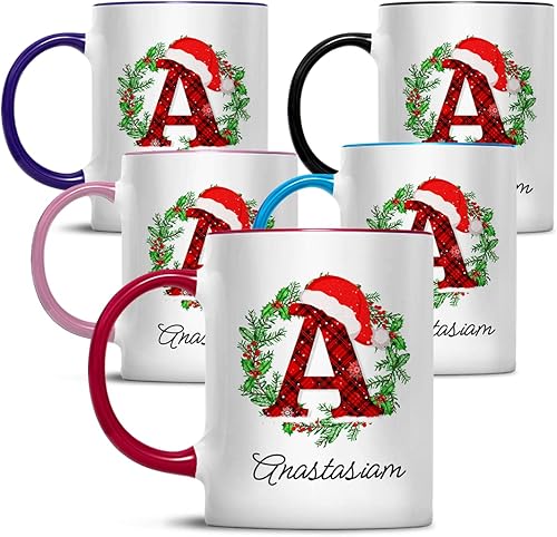 Miniatura 6 de wowcugi Taza de café de Navidad personalizada con letra inicial monograma tazas de café de Navidad tazas de café de 11 onzas taza decorativa de