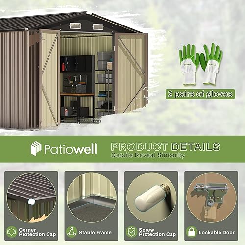 Vista 31 de Patiowell - Cobertizo de almacenamiento de 8 x 6 pies para herramientas, con techo inclinado y doble puerta con cerradura, para exteriores, patio