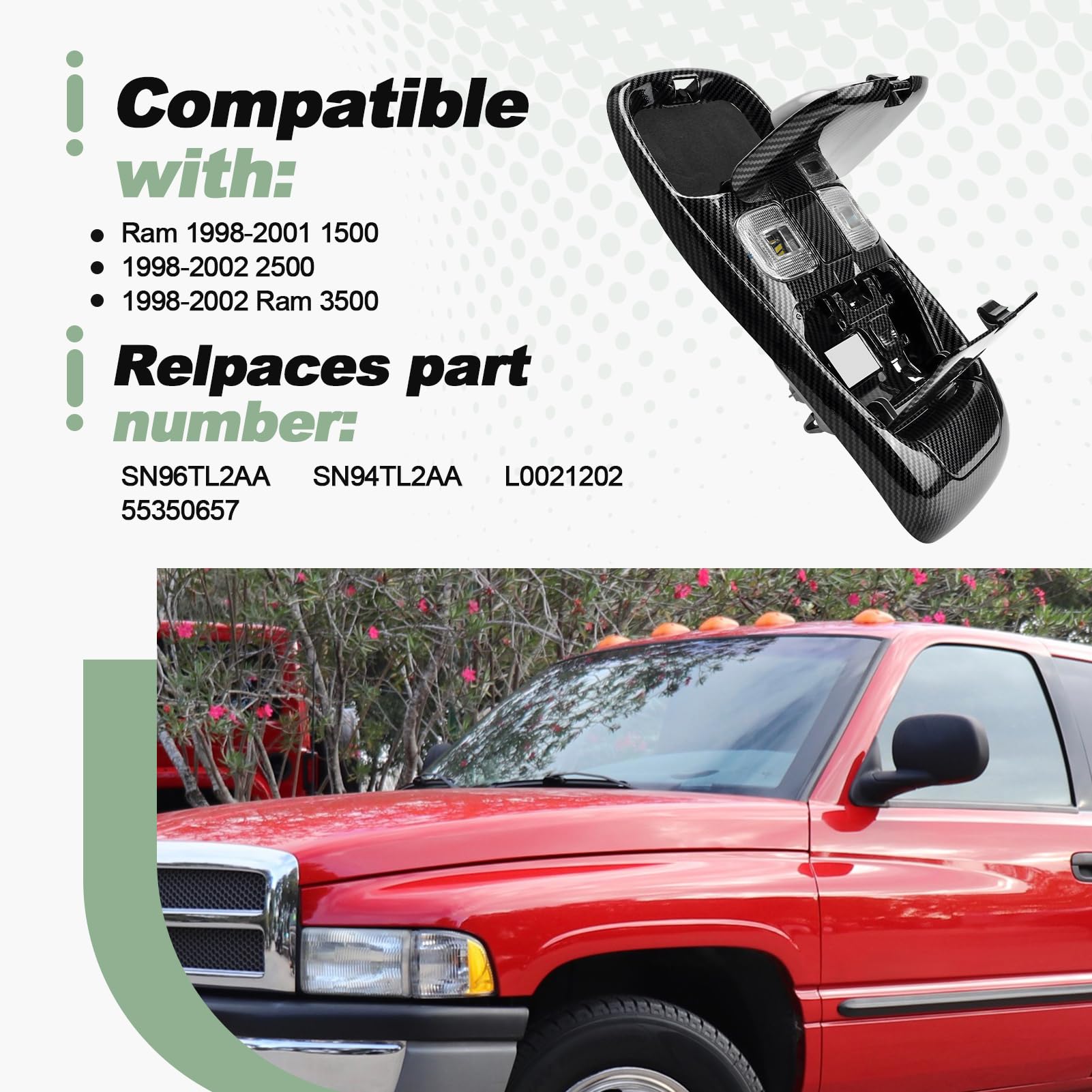 Front LED Overhead Dome Light Console Storage Assembly Interior Compatible with Ram 1998-2002 1500 2500 Ram 3500 Replaces SN96TL2AA SN94TL2AA L0021202 55350657 (Carbon Fibre)