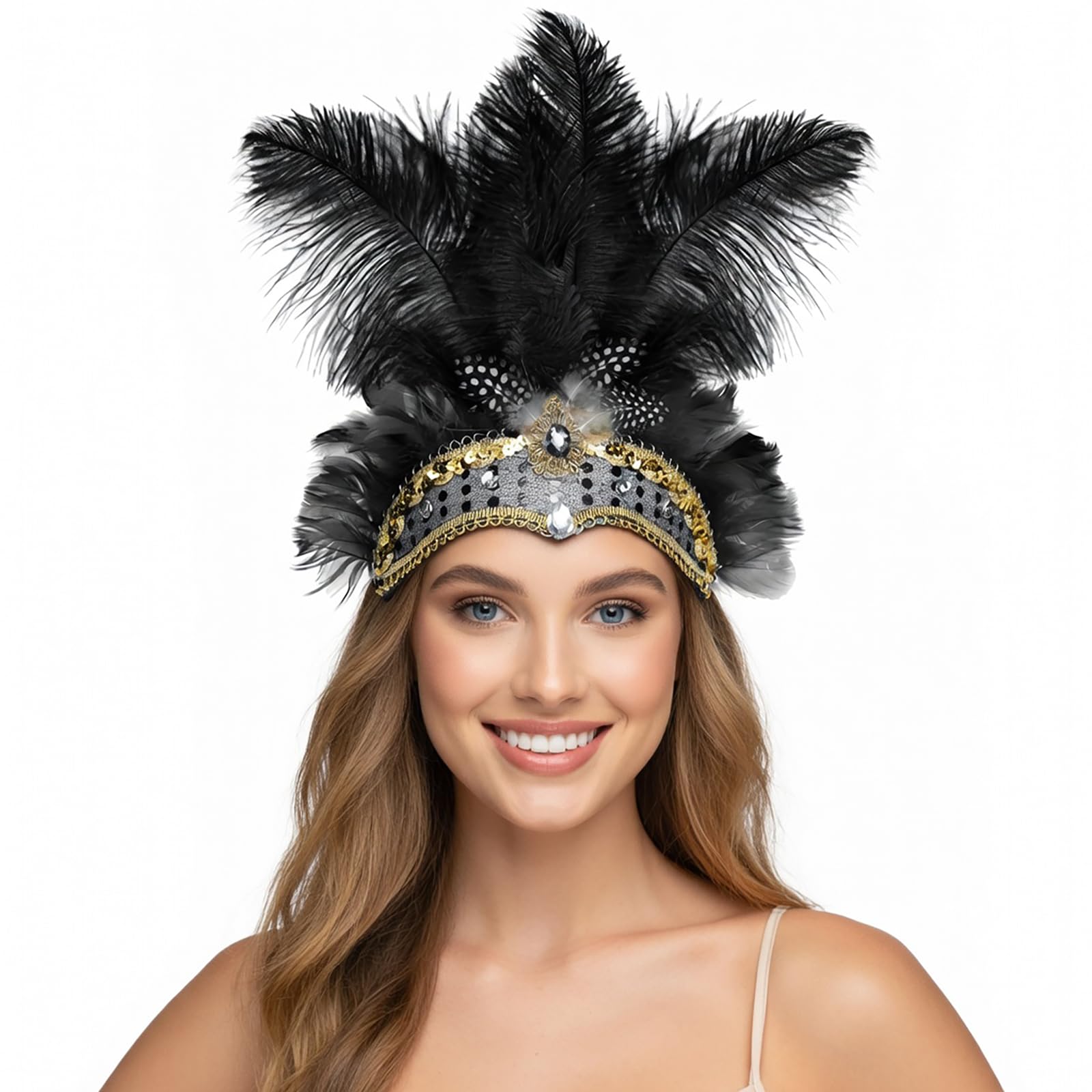 NUXMAW Showgirl Feather Headpiece Carnival Headband Vegas Costume Accessories Rio Mardi Gras Party (Black)