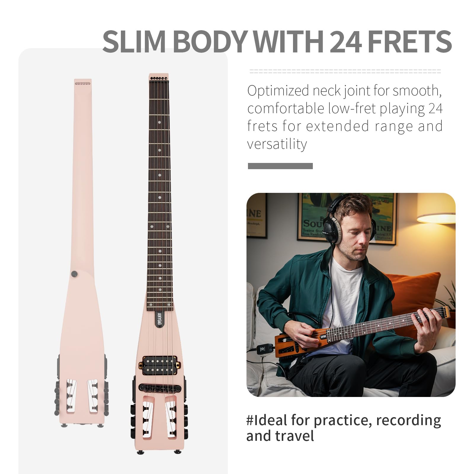 Reise E Gitarre – Volle Größe, ultraleicht (wiegt nur 1,8 kg), 100% Ahorn, digitales Stimmgerät, Gitarrentasche, Ständer, geeignet für Linkshänder und Rechtshänder, Muschelrosa