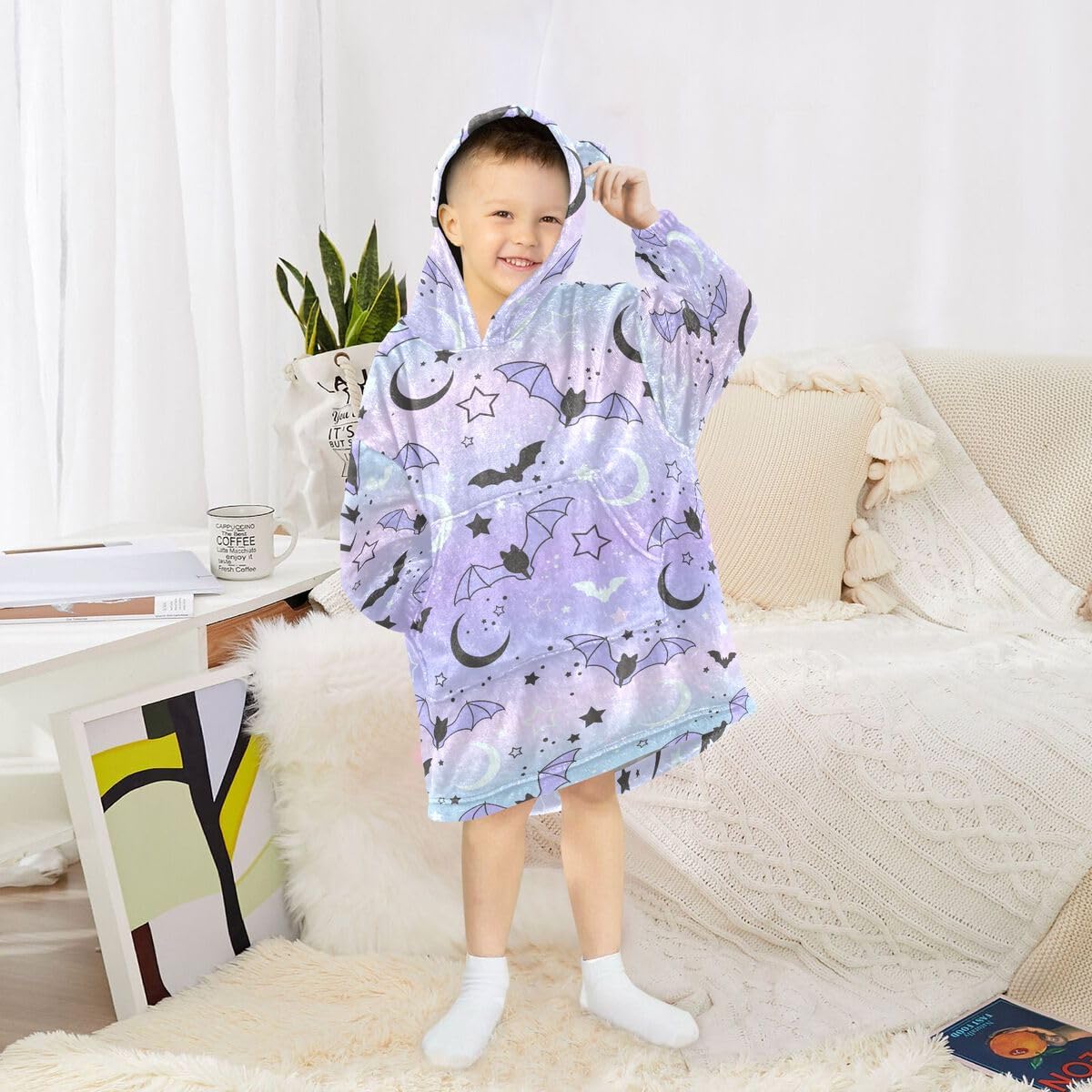 Cue Bats Gwiaździste niebo dziecięcy koc do noszenia bluza z kapturem oversize bluza koc pulower fioletowy dla chłopców i dziewcząt w wieku 3-14 lat
