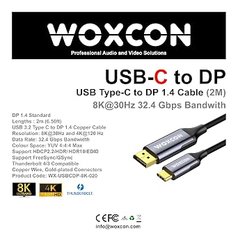 USB-C to Display Port Cable, DP1.4, USB 3.2 Standart, 8K 30Hz, 4K 120Hz Desteği, Thunderbolt 4, Thunderbolt 3, 2 Metre, En Yeni Model