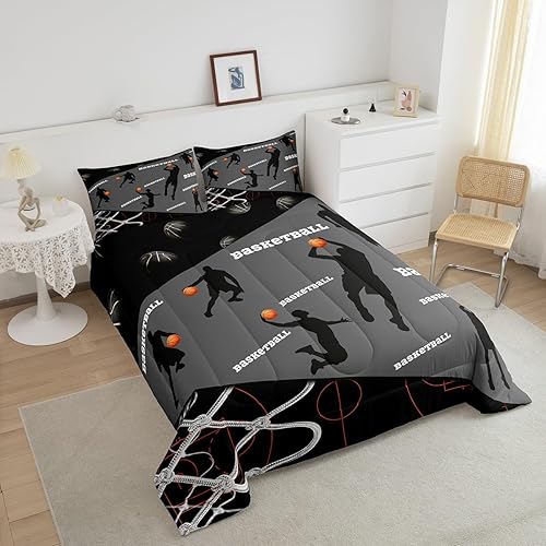 Miniatura 4 de Erosebridal Juego de ropa de cama de baloncesto para niños, juego de edredón deportivo para niños, color gris y negro, juego de ropa de cama de