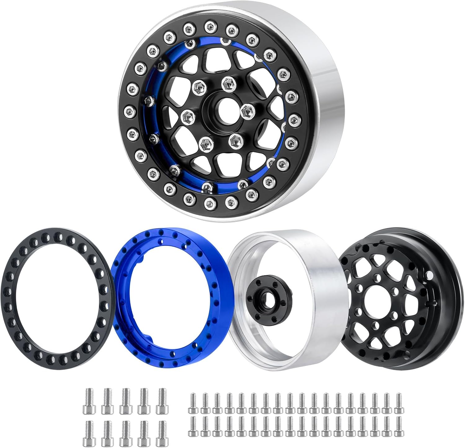 4PCS Beadlock Rims 1.9 Inch Wheels RC Rim Hub Aluminum Beadlock Rims for SCX10 CC01 F350 D90 90034 TRX4 1/10 RC Crawler - 12mm Hex (Matte Black+Blue)