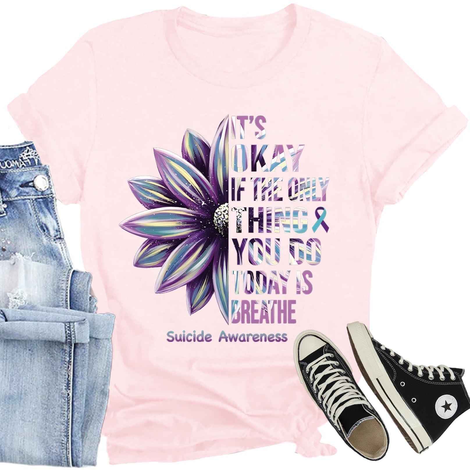 CQF Women Mental Health Shirt Suicide Awareness T-Shirt Suicide Prevention Tee Purple Ribbon Tops