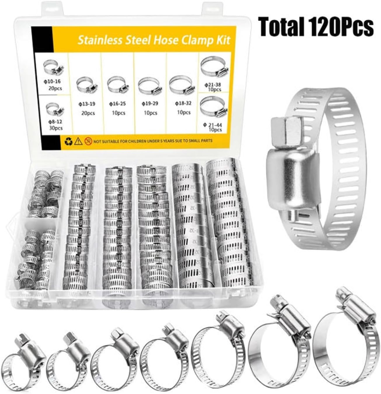 120Pcs 8-44mm Car Fuel Tube Pipe Clamp Stainless Steel Screw Band Hose Clamps Worm Gear Plier Tools Faucet Water Pipes Fasteners