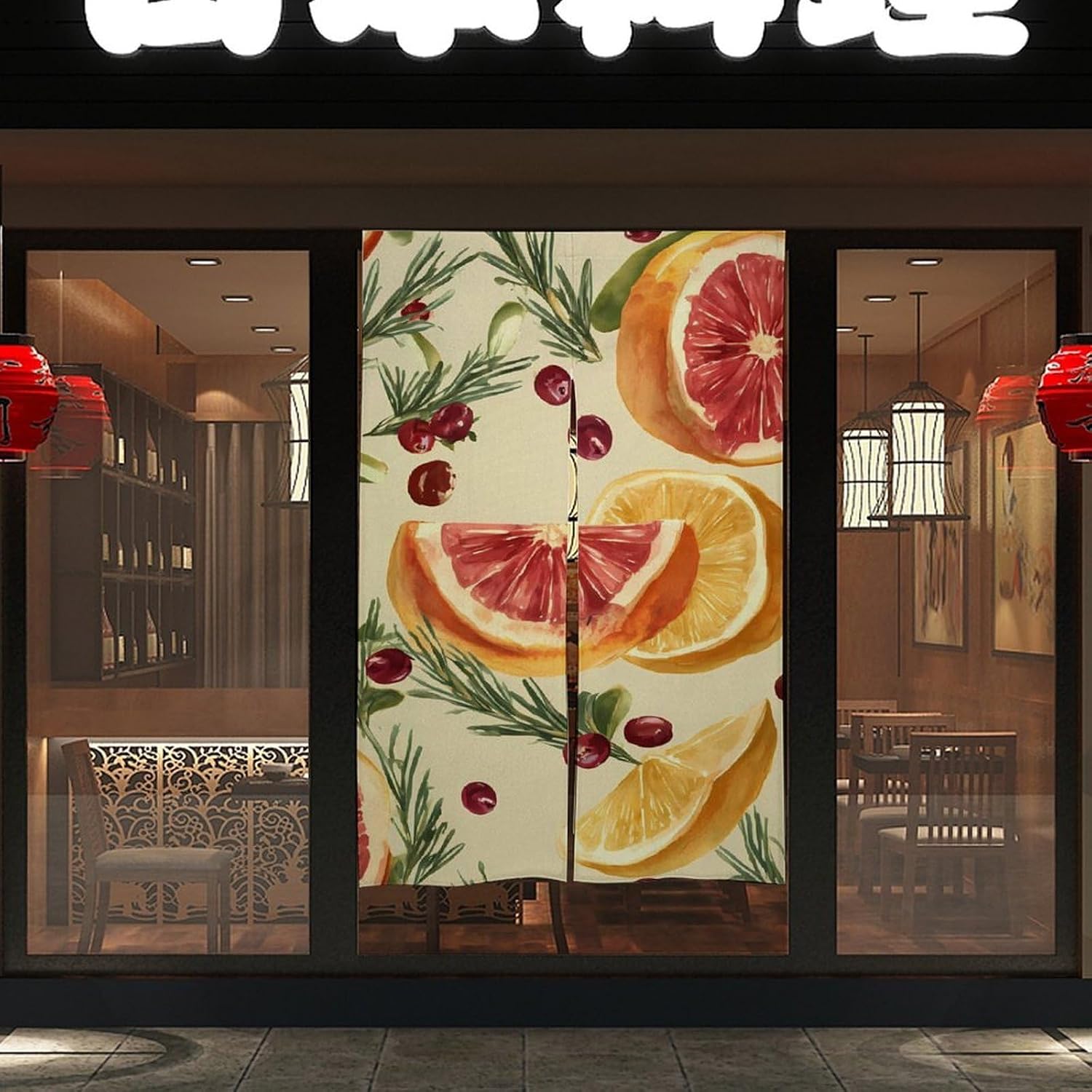 Lemon Grapefruit Rosemary Doorway Curtain Insulated Room Divider Drapes | white linen,privacy curtains
